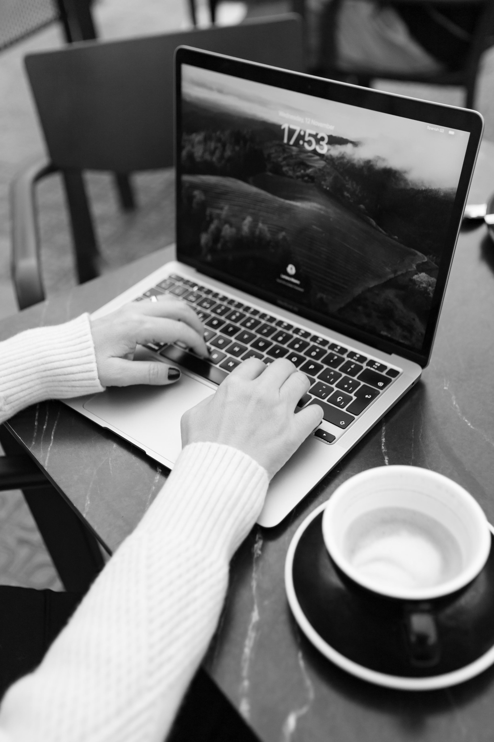 Profissional trabalhando em um notebook, em fotografia preto e branco